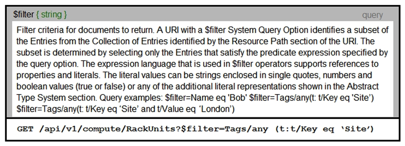 <strong> Refer to the exhibit. An Intersight API is being used to query RackUnit resources that have a tag keyword set to Site. What is the expected output of this command?</strong> A) list of all resources that have a tag with the keyword Site B) error message because the Value field was not specified C) error message because the tag filter should be lowercase D) list of all sites that contain RackUnit tagged compute resources