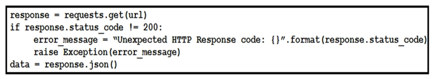 <strong> Refer to the exhibit. This snippet of a script has recently started exiting abnormally with an exception stating Unexpected HTTP Response code: 429 . Which solution handles rate limiting by the remote API?</strong> A) B) C) D)