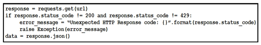 <strong> Refer to the exhibit. This snippet of a script has recently started exiting abnormally with an exception stating Unexpected HTTP Response code: 429 . Which solution handles rate limiting by the remote API?</strong> A) B) C) D)