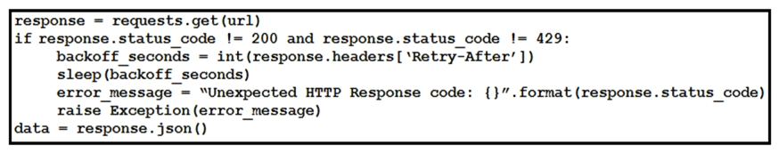 <strong> Refer to the exhibit. This snippet of a script has recently started exiting abnormally with an exception stating Unexpected HTTP Response code: 429 . Which solution handles rate limiting by the remote API?</strong> A) B) C) D)