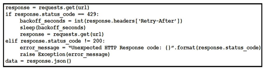 <strong> Refer to the exhibit. This snippet of a script has recently started exiting abnormally with an exception stating Unexpected HTTP Response code: 429 . Which solution handles rate limiting by the remote API?</strong> A) B) C) D)
