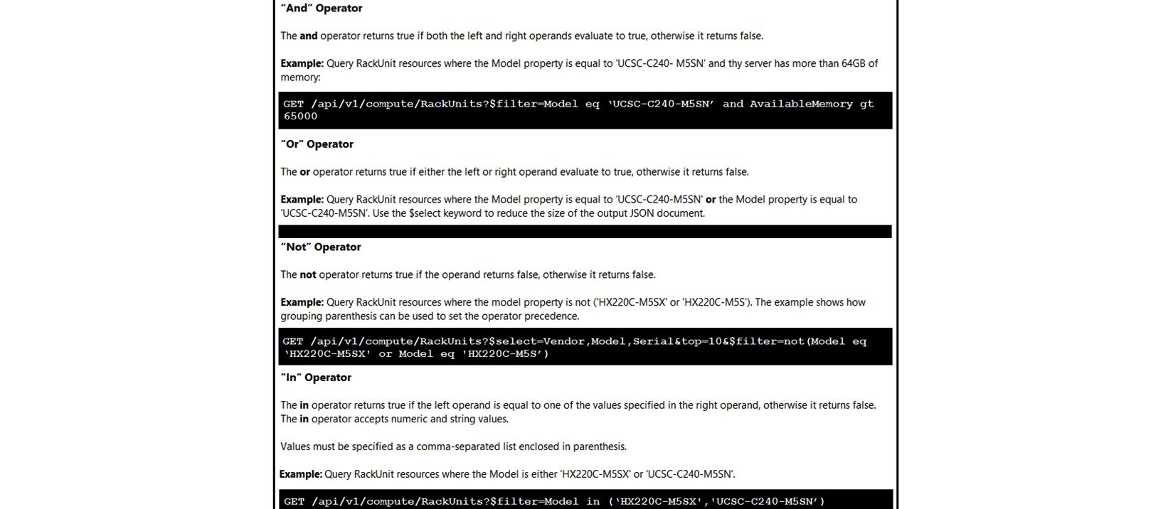 <strong>Click on the GET Resource button above to view resources that will help with this question. An engineer is managing a DC with 6000 Cisco UCS servers installed and running. The engineer has been asked to identify all resources where the model is in the UCSB family and the available memory is less than or equal to 5 GB. Which REST API call accomplishes this task?</strong> A) GET/api/v1/compute/RackUnits?$select=Vendor,Model,Serial&$filter=not(Model eq 'UCSC') and AvailableMemory le 5000 B) GET/api/v1/compute/RackUnits?$select=Vendor,Model,Serial&$filter=Model eq 'UCSB' and AvailableMemory lt 5000 C) GET/api/v1/compute/RackUnits?$select=Vendor,Model,Serial&$filter=contains(Model, UCSB') and AvailableMemory lt 5000 D) GET/api/v1/compute/RackUnits?$select=Vendor,Model,Serial&$filter=contains(Model, UCSB') and AvailableMemory le 5000