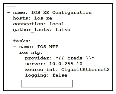 <strong> Refer to the exhibit. Which key value pair from the ios_ntp Ansible module creates an NTP server peer?</strong> A) state: present B) state: True C) config: present D) config: True