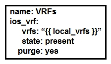 <strong> Refer to the exhibit. The YAML represented is using the ios_vrf module. As part of the Ansible playbook workflow, what is the result when this task is run?</strong> A) VRFs not defined in the host_vars file are removed from the device. B) VRFs not defined in the host_vars file are added to the device, and any other VRFs on the device remain. C) VRFs defined in the host_vars file are removed from the device. D) VRFs are added to the device from the host_vars file, and any other VRFs on the device are removed.