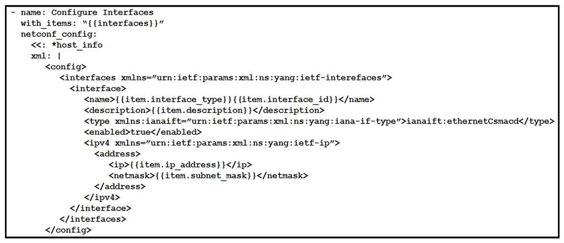 <strong> Refer to the exhibit. As part of the Ansible playbook workflow, several new interfaces are being configured using the netconf_config module. The task references the interface variables that are unique per device. In which directory is the YAML file with these variables found?</strong> A) host_vars directory B) home directory C) group_vars directory D) current working directory
