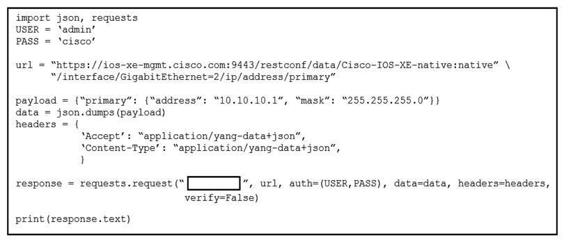 <strong> Refer to the exhibit. Which RESTCONF verb changes the GigabitEthernet2 interface from 192.168.100.1/24 to 10.10.10.1/24?</strong> A) POST B) PATCH C) GET D) HEAD
