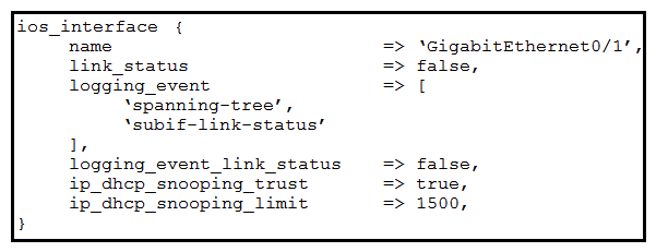 <strong>Which Puppet manifest needs to be used to configure an interface GigabitEthernet 0/1 on a Cisco IOS switch?</strong> A) B) C) D)