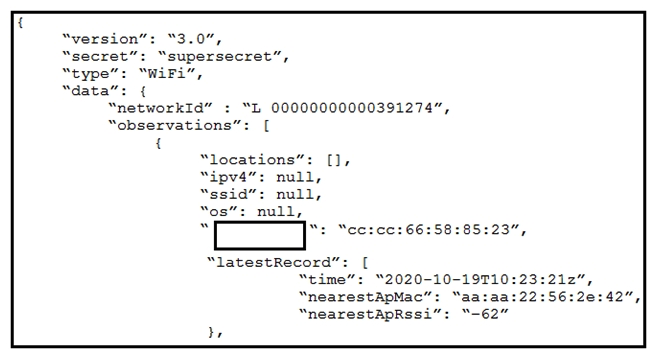 Refer to the exhibit. The JSON response is received from the Meraki location API. Which parameter is missing?