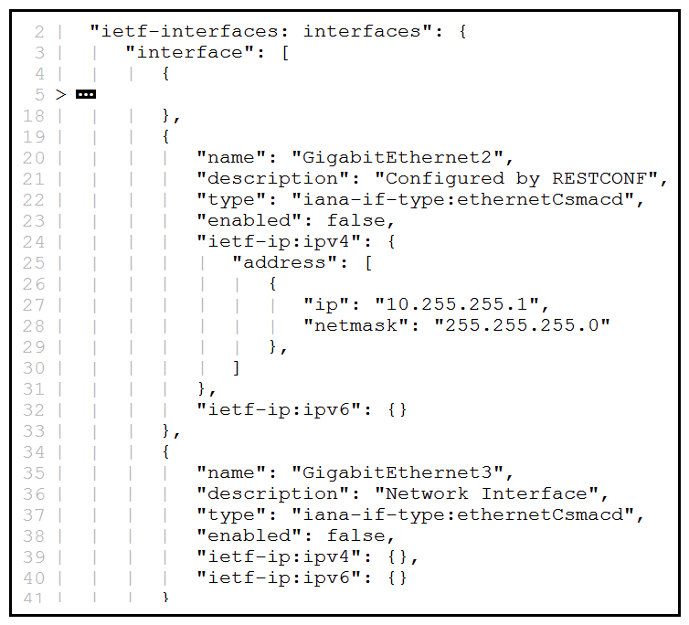 Refer to the exhibit. Information was obtained by using RESTCONF and querying URI /restconf/data/ietf-interfaces:interfaces. Which RESTCONF call and which JSON code enables GigabitEthernet2? (Choose two.)