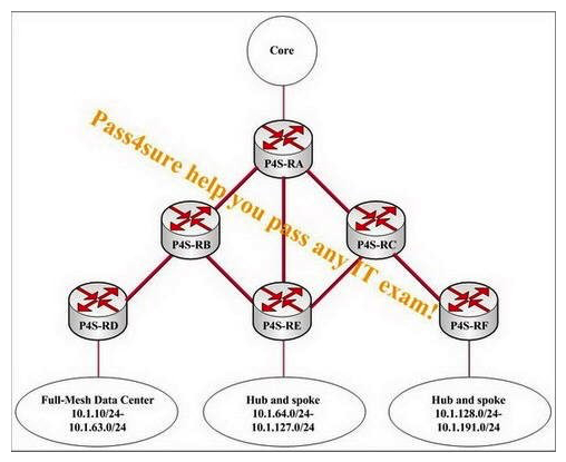 There are two hub-and-spoke networks in the following exhibit. Each has about 60 branches spread over a wide area. Connect routers P4S-RE and P4S-RF to two different frame providers. Problems with one provider have impacted branches connected to the other provider and reaching the data center. Which is the best place to build flooding domain boundaries to isolate these WAN issues?