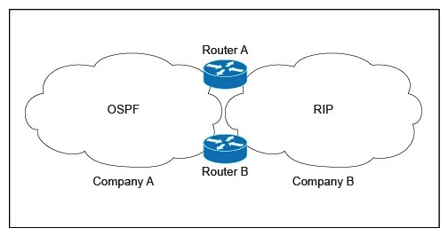 Refer to the exhibit. Company A is running a single-area OSPF, and Company B is running RIP as the IGP with no overlapping IP address spaces. Company A has just acquired Company B and both networks must be merged. Which three design components are recommended to guarantee connectivity and redundancy between the two networks? (Choose three.)