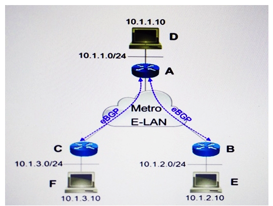 Refer to the exhibit. Company A migrated from Frame Relay WAN to Metro-Ethernet E-LAN service. Router B and C have only eBGP neighbor adjacency with router A using their Metro-Ethernet IP addresses. What happens when host E sends a packet to host F?