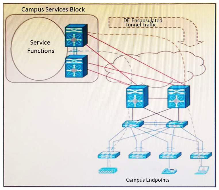 Refer to the exhibit. You are planning a migration to a dual-stack IPv4/IPv6 campus environment while providing a flexible and scalable design with fault isolation. The design must allow IPv6 devices to tunnel over portions of the campus that are not yet natively IPv6-enabled, including wireless and voice endpoints. Your plan requires an interim approach that allows for a faster introduction of new services without requiring a network wide hot cutover. Which two services block functions meet these requirements? (Choose two.)  
