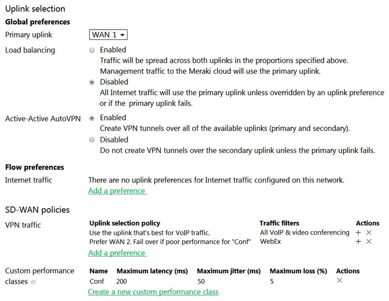 <strong> Refer to the exhibit. Assuming this MX has established a full tunnel with its VPN peer, how will the MX route the WebEx traffic?</strong> A) WebEx traffic will prefer WAN 2 as long as it meets the thresholds in the Conf performance class. B) WebEx traffic will prefer WAN 1 as it is the primary uplink. C) WebEx traffic will prefer WAN 2 as long as it is up. D) WebEx traffic will be load-balanced between both active WAN links.