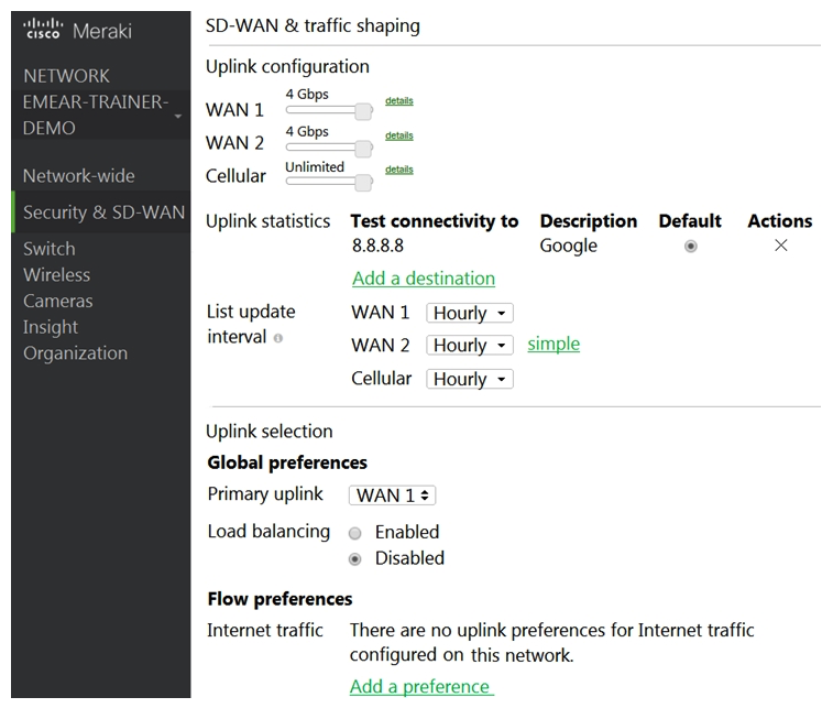 <strong> Refer to the exhibit. Which two actions are required to optimize load balancing asymmetrically with a 4:1 ratio between links? (Choose two.)</strong> A) Change the primary uplink to none. B) Add an internet traffic preference that defines the load-balancing ratio as 4:1. C) Enable load balancing. D) Set the speed of the cellular uplink to zero. E) Change the assigned speeds of WAN 1 and WAN 2 so that the ratio is 4:1.