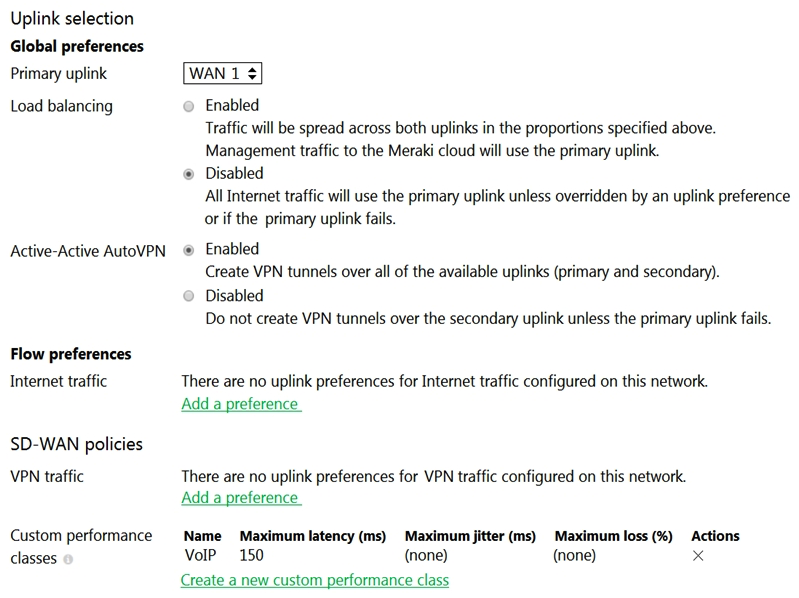 <strong> Refer to the exhibit. What does the MX Security Appliance send to determine whether VPN traffic exceeds the configured latency threshold in the VoIP custom performance class?</strong> A) 1000-byte TCP probes every second, through VPN tunnels that are established over the primary WAN link. B) 100-byte UDP probes every second, through VPN tunnels that are established over every WAN link. C) 100-byte UDP probes every second, through VPN tunnels that are established over the primary WAN link. D) 1000-byte TCP probes every second, through VPN tunnels that are established over every WAN link.
