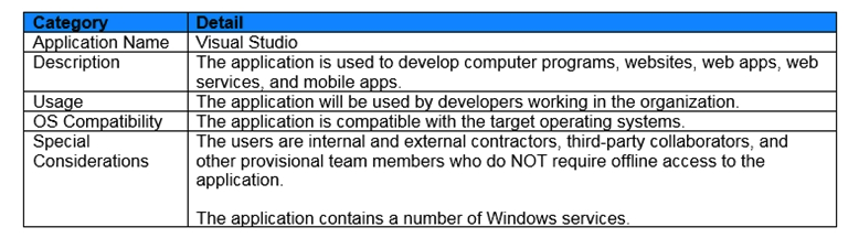 Scenario: A Citrix Architect is designing a new Citrix Virtual Apps and Desktops environment. The customer previously installed all applications locally on managed laptops and desktops, but is willing to evaluate other application delivery methods as part of the new deployment. The environment will be standardized on Windows 10 for the Virtual Delivery Agent (VDA) machines. As part of an application analysis performed earlier in the project, the information in the exhibit was collected regarding 1 of the required applications. Click the Exhibit button to view the information. The customer's security policies mandate that all development software must run within the corporate data center, but should appear to the user as if it is running locally on the virtual machine (VM). How should the architect recommend deploying the application?