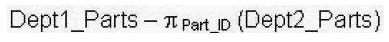 <strong>Consider the following table as well as the Dept1_Parts and Dept2_Parts relations shown in the exhibit: Which of the following relational algebraic expressions would result in the given table? </strong> A) Option A B) Option B C) Option C D) Option D