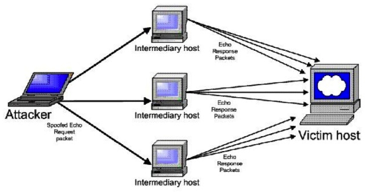 <strong>Consider the following diagram: Which type of attack is occurring?</strong> A) Polymorphic virus-based attack B) Denial-of-service attack C) Distributed denial-of-service attack D) Man-in-the-middle attack using a packet sniffer