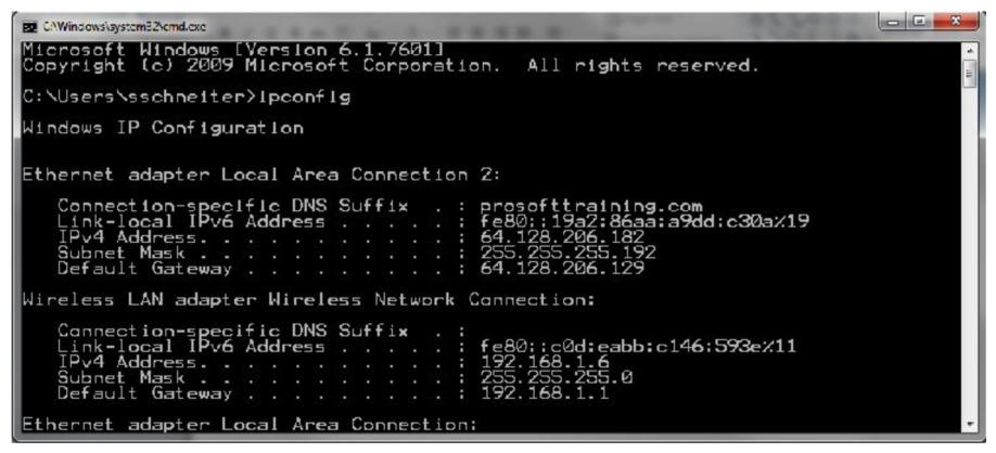 <strong>Consider the network configuration shown in the command prompt:   What does the Default Gateway identify?</strong> A) The file server on the network B) The local host on the network C) The computer on the network D) The router on the network <div style=padding-top: 35px> 