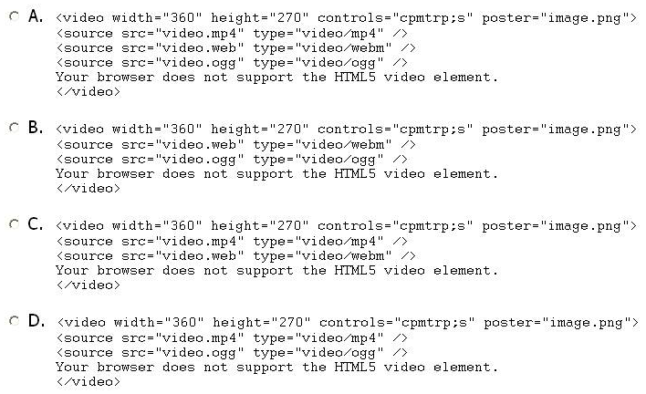 <strong>Which code is best for embedding video into an HTML5 page?  </strong> A) Option A B) Option B C) Option C D) Option D <div style=padding-top: 35px> 