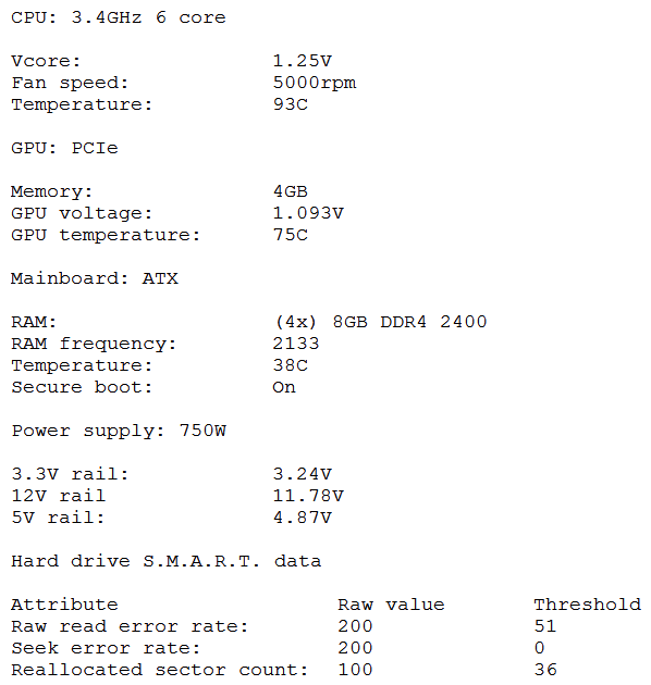 A computer freezes shortly after loading the operating system. A technician inspects the computer and obtains the following diagnostic information: Which of the following should the technician investigate further?