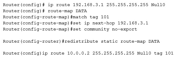 A server (10.0.0.2) on the corporate network is experiencing a DoS from a number of marketing desktops that have been compromised and are connected to a separate network segment. The security engineer implements the following configuration on the management router: Which of the following is the engineer implementing?