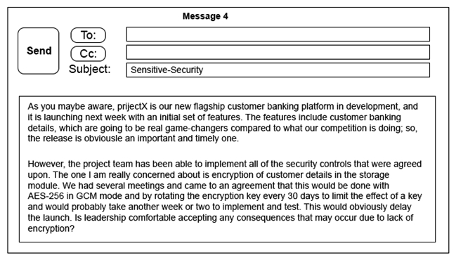 Click on the exhibit buttons to view the four messages. A security architect is working with a project team to deliver an important service that stores and processes customer banking details. The project, internally known as ProjectX, is due to launch its first set of features publicly within a week, but the team has not been able to implement encryption-at-rest of the customer records. The security architect is drafting an escalation email to senior leadership. Which of the following BEST conveys the business impact for senior leadership?