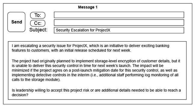 Click on the exhibit buttons to view the four messages. A security architect is working with a project team to deliver an important service that stores and processes customer banking details. The project, internally known as ProjectX, is due to launch its first set of features publicly within a week, but the team has not been able to implement encryption-at-rest of the customer records. The security architect is drafting an escalation email to senior leadership. Which of the following BEST conveys the business impact for senior leadership?