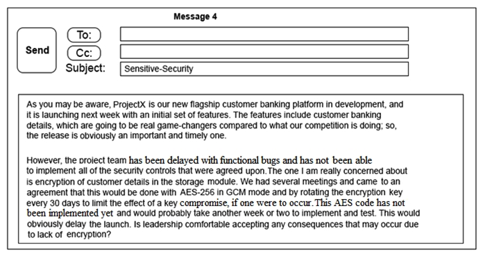 Click on the exhibit buttons to view the four messages. A security architect is working with a project team to deliver an important service that stores and processes customer banking details. The project, internally known as ProjectX, is due to launch its first set of features publicly within a week, but the team has not been able to implement encryption-at-rest of the customer records. The security architect is drafting an escalation email to senior leadership. Which of the following BEST conveys the business impact for senior leadership?
