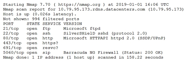 <strong>An information security analyst is compiling data from a recent penetration test and reviews the following output: The analyst wants to obtain more information about the web-based services that are running on the target. Which of the following commands would MOST likely provide the needed information?</strong> A) ping -t 10.79.95.173.rdns.datacenters.com B) telnet 10.79.95.173 443 C) ftpd 10.79.95.173.rdns.datacenters.com 443 D) tracert 10.79.95.173