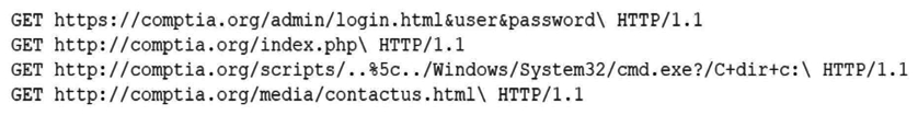 <strong>A security analyst is reviewing the following log entries to identify anomalous activity: Which of the following attack types is occurring?</strong> A) Directory traversal B) SQL injection C) Buffer overflow D) Cross-site scripting