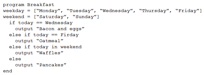 Given the following pseudocode: If the Breakfast program ran on Sunday, which of the following would be the output?