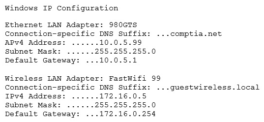 <strong>An office user cannot access local network drives but has full access to the Internet. A technician troubleshoots the issue and observes the following output of the ipconfig command: Which of the following would MOST likely allow the network drives to be accessed?</strong> A) Update the WLAN adapter driver B) Disable the WLAN adapter C) Check the wireless DHCP configuration D) Disable the LAN adapter