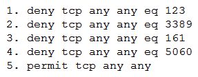 A network manager is reviewing recent changes after learning the network health metrics are no longer being protected. The manager discovers the ACL has been updated to the following: Which of the following lines in the ACL points to the issue?