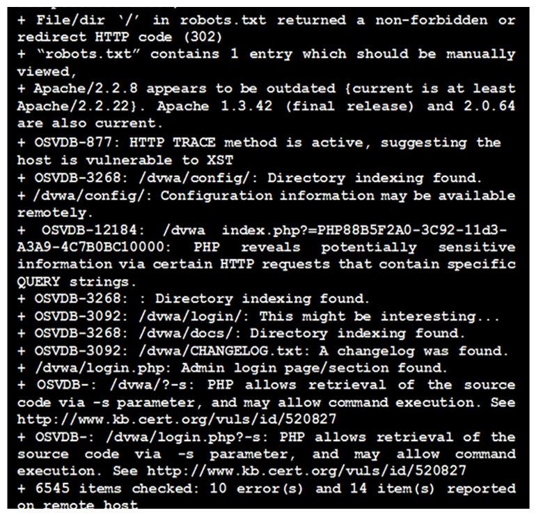 <strong>Click the exhibit button. Given the Nikto vulnerability, scan output shown in the exhibit, which of the following exploitation techniques might be used to exploit the target system? (Choose two.)</strong> A) Arbitrary code execution B) Session hijacking C) SQL injection D) Login credential brute-forcing E) Cross-site request forgery