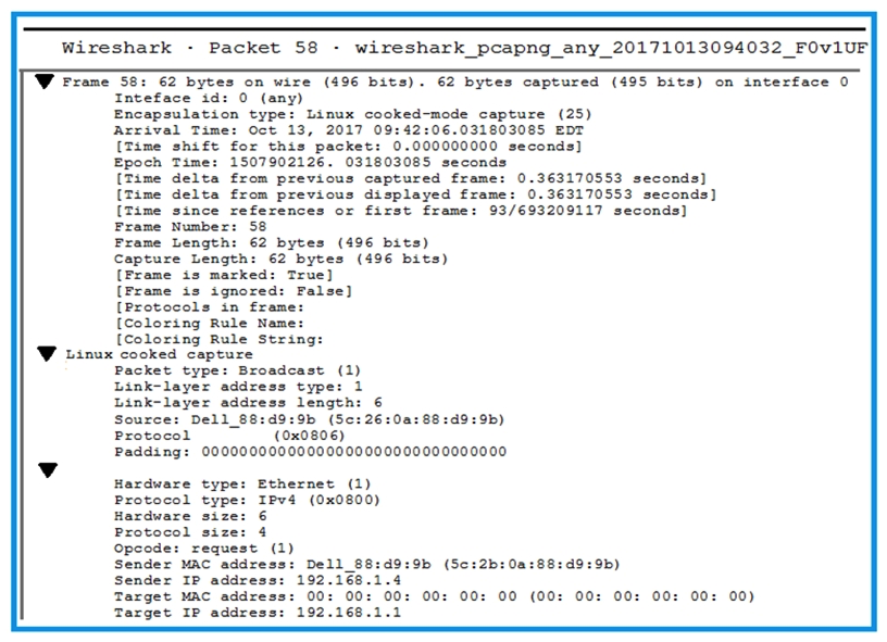 Click the exhibit button. A penetration tester is performing an assessment when the network administrator shows the tester a packet sample that is causing trouble on the network. Which of the following types of attacks should the tester stop?
