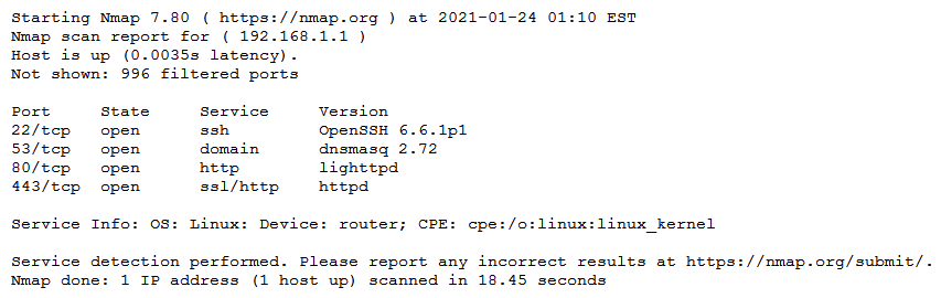 <strong>The results of an Nmap scan are as follows: Which of the following would be the BEST conclusion about this device?</strong> A) This device may be vulnerable to the Heartbleed bug due to the way transactions over TCP/22 handle heartbeat extension packets, allowing attackers to obtain sensitive information from process memory. B) This device is most likely a gateway with in-band management services. C) This device is most likely a proxy server forwarding requests over TCP/443. D) This device may be vulnerable to remote code execution because of a butter overflow vulnerability in the method used to extract DNS names from packets prior to DNSSEC validation.