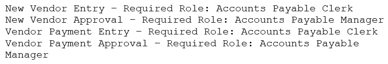 <strong>An organization's internal auditor discovers that large sums of money have recently been paid to a vendor that management does not recognize. The IT security department is asked to investigate the organizations the organization's ERP system to determine how the accounts payable module has been used to make these vendor payments. The IT security department finds the following security configuration for the accounts payable module: New Vendor Entry - Required Role: Accounts Payable Clerk New Vendor Approval - Required Role: Accounts Payable Clerk Vendor Payment Entry - Required Role: Accounts Payable Clerk Vendor Payment Approval - Required Role: Accounts Payable Manager Which of the following changes to the security configuration of the accounts payable module would BEST mitigate the risk?</strong> A) B) C) D)