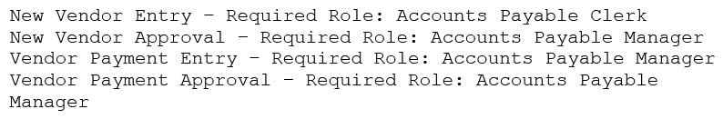 <strong>An organization's internal auditor discovers that large sums of money have recently been paid to a vendor that management does not recognize. The IT security department is asked to investigate the organizations the organization's ERP system to determine how the accounts payable module has been used to make these vendor payments. The IT security department finds the following security configuration for the accounts payable module: New Vendor Entry - Required Role: Accounts Payable Clerk New Vendor Approval - Required Role: Accounts Payable Clerk Vendor Payment Entry - Required Role: Accounts Payable Clerk Vendor Payment Approval - Required Role: Accounts Payable Manager Which of the following changes to the security configuration of the accounts payable module would BEST mitigate the risk?</strong> A) B) C) D)