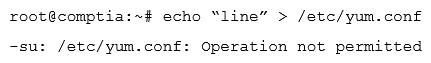 <strong>Ann, a junior systems administrator, is required to add a line to the /etc/yum.conf file. However, she receives the following error message when she tries to add the line: Ann performs some diagnostics to attempt to find the root cause: Which of the following commands should Ann execute to write content to /etc/yum ?</strong> A) chmod 755 /etc/yum.conf B) setfacl -m m:rw /etc/yum.conf C) chattr -i /etc/yum.conf D) setenforce 0