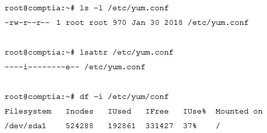 <strong>Ann, a junior systems administrator, is required to add a line to the /etc/yum.conf file. However, she receives the following error message when she tries to add the line: Ann performs some diagnostics to attempt to find the root cause: Which of the following commands should Ann execute to write content to /etc/yum ?</strong> A) chmod 755 /etc/yum.conf B) setfacl -m m:rw /etc/yum.conf C) chattr -i /etc/yum.conf D) setenforce 0