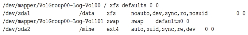 <strong>A junior systems administrator created a new filesystem /dev/sda1 with mountpoint /data and added it to the /etc/fstab for auto-mounting. When the systems administrator tries to mount the file system, the system refuses. Given the output below: Which of the following steps is necessary?</strong> A) Change the filesystem from /dev/sda1 to /dev/sda2 and reboot. Change the filesystem from to /dev/sda2 and reboot. B) Change the options to auto,dev,sync,rw,nosuid and run the mount -a command. Change the options to auto,dev,sync,rw,nosuid and run the mount -a command. C) Change the mount point to data and reboot. D) Change the dump column to 1 and run the mount -a command. Change the dump column to 1 and run the