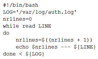 <strong>A user wants to list the lines of a log, adding a correlative number at the beginning of each line separated by a set of dashes from the actual message. Which of the following scripts will complete this task?</strong> A) B) C) D)