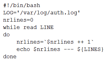 <strong>A user wants to list the lines of a log, adding a correlative number at the beginning of each line separated by a set of dashes from the actual message. Which of the following scripts will complete this task?</strong> A) B) C) D)