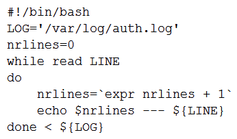 <strong>A user wants to list the lines of a log, adding a correlative number at the beginning of each line separated by a set of dashes from the actual message. Which of the following scripts will complete this task?</strong> A) B) C) D)