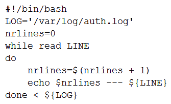 <strong>A user wants to list the lines of a log, adding a correlative number at the beginning of each line separated by a set of dashes from the actual message. Which of the following scripts will complete this task?</strong> A) B) C) D)