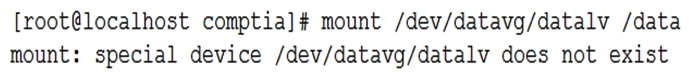 An administrator is troubleshooting an application that has failed to start after the server was rebooted. Noticing the data volume is not mounted, the administrator attempts to mount it and receives this error: Upon checking the logical volume status, the administrator receives this information: Which of the following can be said about the data logical volume, and how can this problem be resolved?