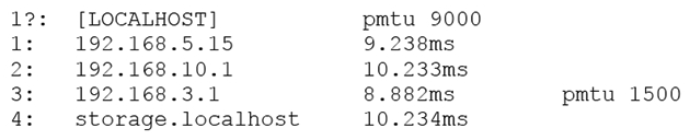 A user is reporting unusual slowness when trying to transfer a large file to an NFS server from a workstation. The administrator runs tracepath and gets the following output: Which of the following BEST describes the issue and a possible solution?