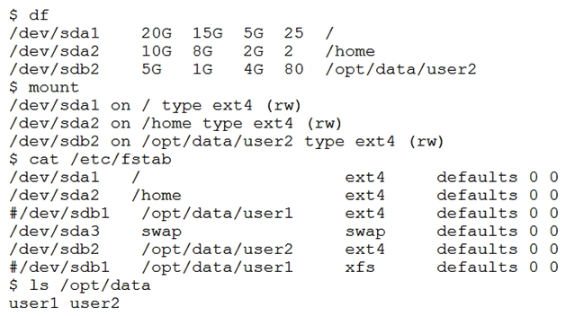 Joe, a user, reports there is data missing after a reboot of the system he is using. The data he was working on was located in /opt/data/ user 1 . A Linux administrator runs the following commands and receives the resulting output. Which of the following should the administrator perform to resolve the issue?